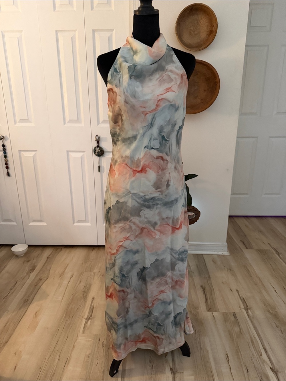 Sincerely Jules Marble Print Halter Maxi Dress in Coral, Blue, Gray